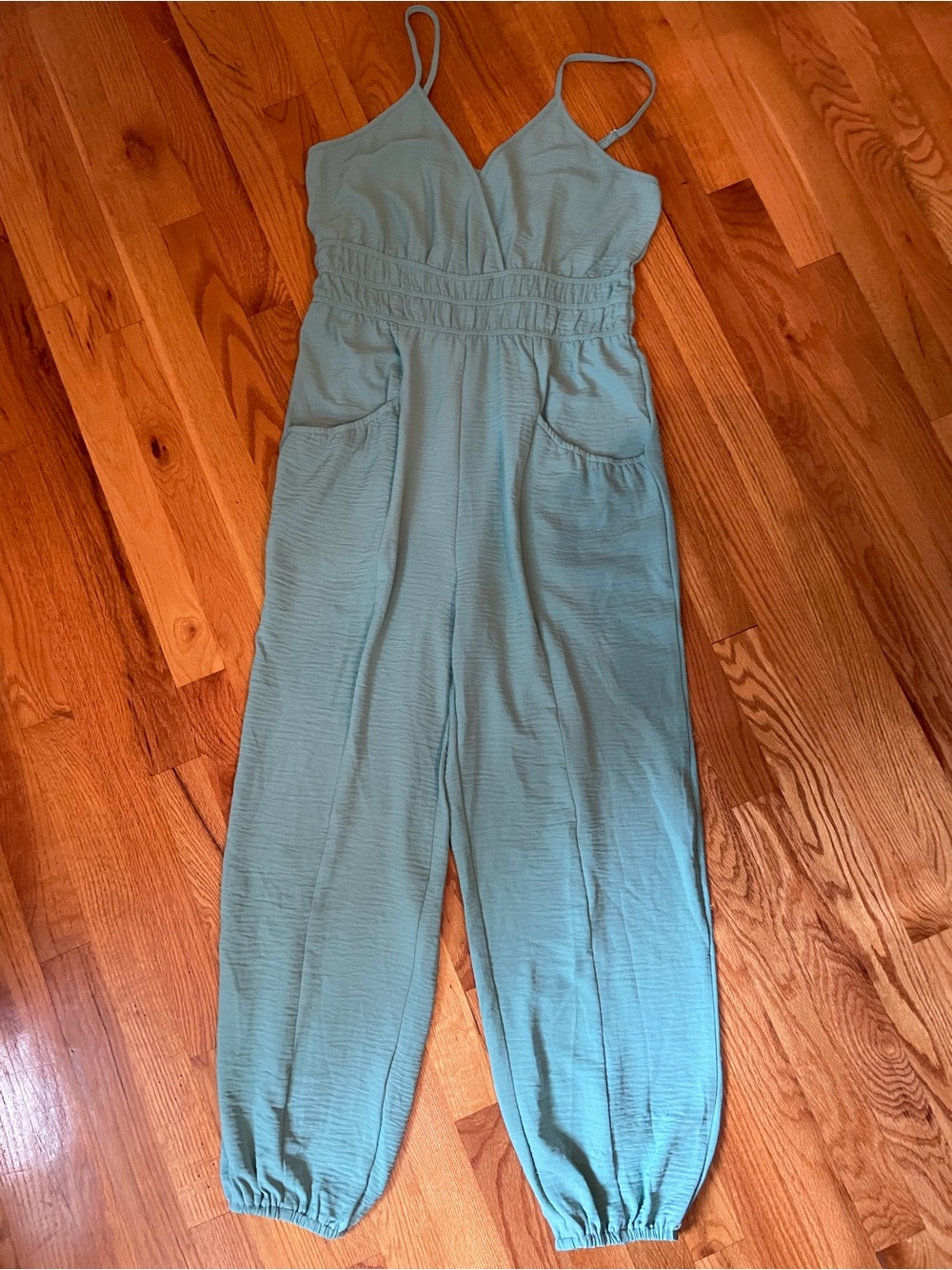 Sage Green Smocked-Waist Spaghetti-Strap Jumpsuit